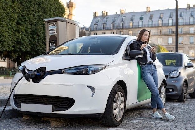 Ein Elektroauto steht an der Ladestation und ist am aufladen. Die Besitzerin lehnt an das Auto und ist am Handy.